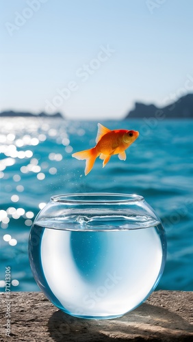 Goldfish leaps from fishbowl with shimmering blue water background Vertical Mobile Wallpaper