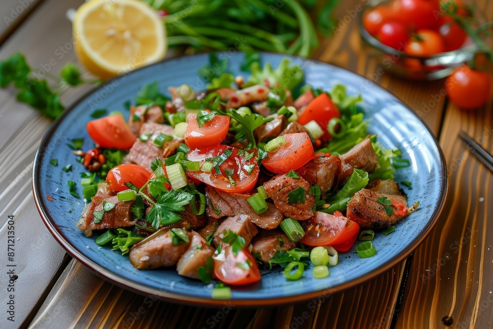 Salad with pork heart lettuce tomato green onion lemon on blue plate wooden table Salad with pork heart lettuce tomato green onion lemon on blue plate wooden table