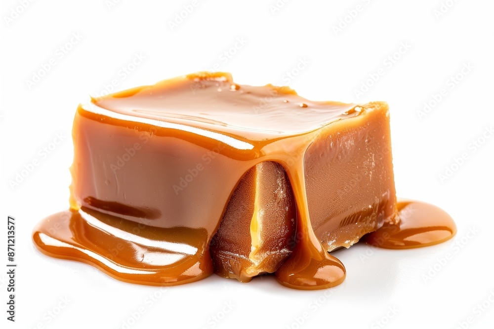 Salted caramel piece with sauce on white background close up shot Salted caramel piece with sauce on white background close up shot