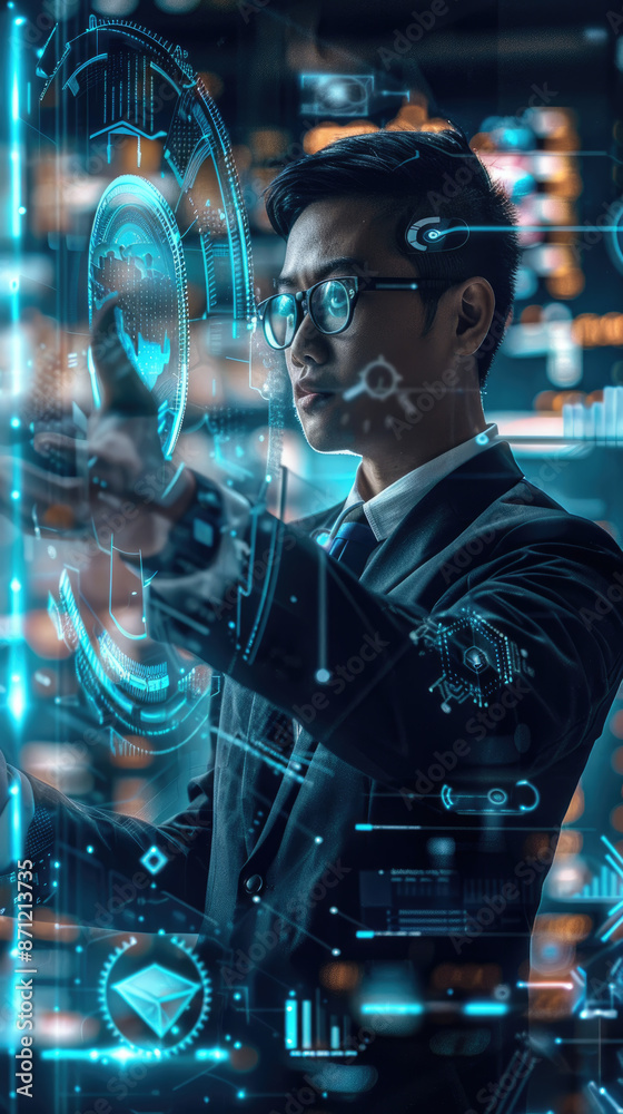 Obraz premium A businessman in a dark suit interacts with a holographic display, showcasing futuristic digital technology and data visualization
