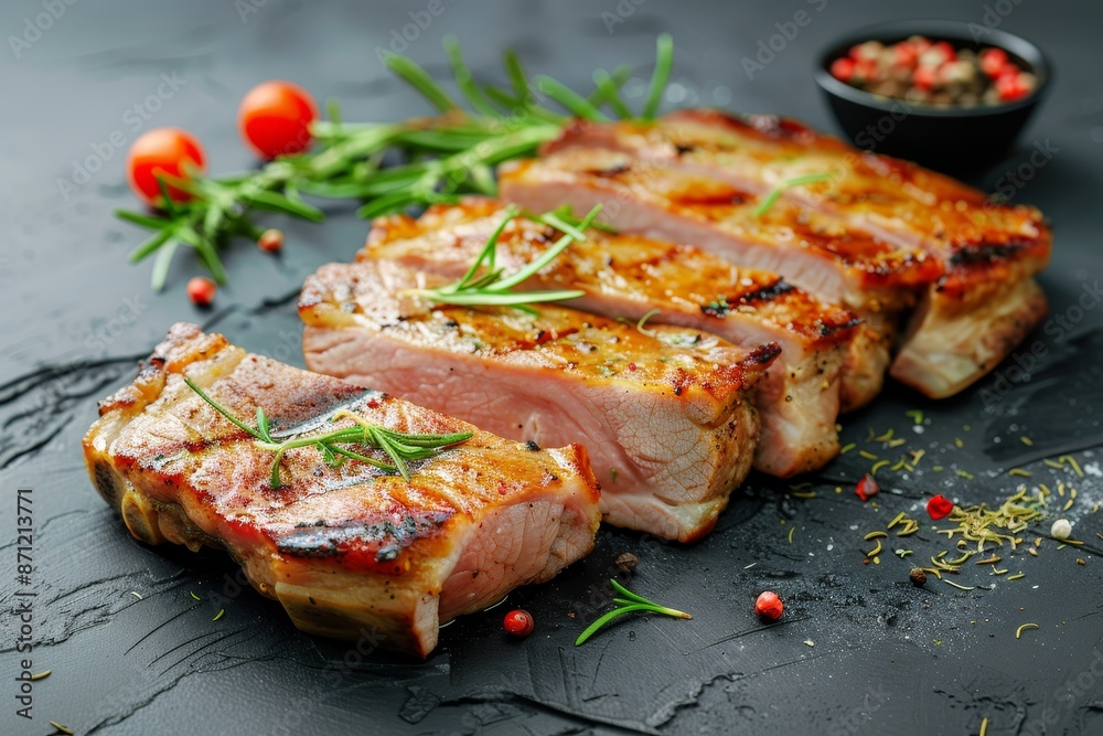 Savory pork steak sliced on dark surface Savory pork steak sliced on dark surface