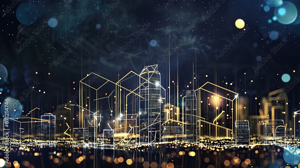 Obraz premium Glowing Digital Wireframe City Skyline