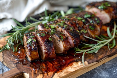 Sliced wine glazed pork tenderloin on wooden board