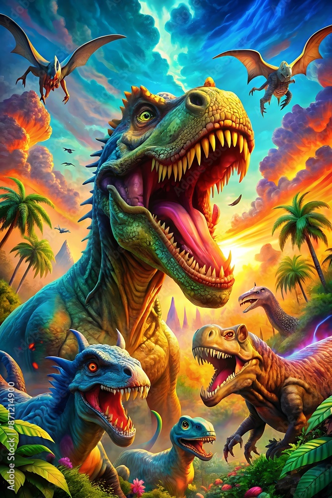 A stunning, ultra-realistic photographic image of a prehistoric dinosaur landscape, featuring a large, menacing T-Rex with glowing yellow eyes and gaping, colorful dinosaurs in a lush A stunning, ultra-realistic photographic image of a prehistoric dinosaur landscape, featuring a large, menacing T-Rex with glowing yellow eyes and gaping, colorful dinosaurs in a lush