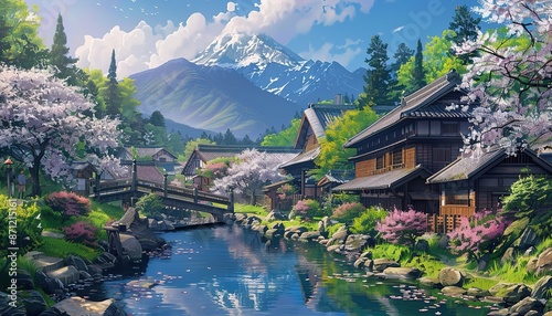 Spring Day in a Japanese Mountain Village, cartoon photo