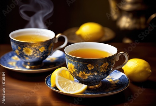 steaming hot tea lemon slices served delicate porcelain cups, drink, beverage, citrus, elegant, white, refreshing, aromatic, cozy, warm, invigorating, fragrant