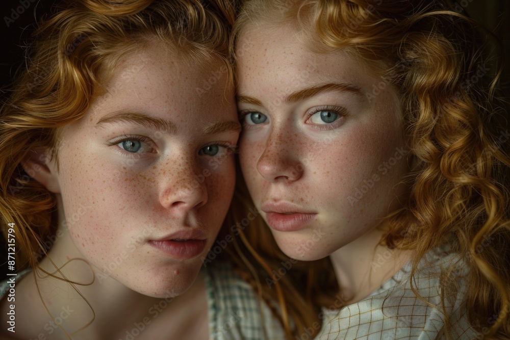 Two young girls with bright red hair and freckles smiling directly at the camera Two young girls with bright red hair and freckles smiling directly at the camera