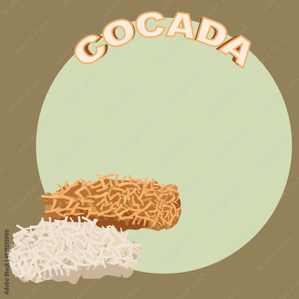 Cocada anúncio, doce de coco açucarado brasileiro, típica branca e preta, espaço para preço, cartaz