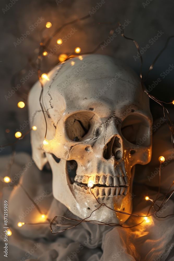 Skull with Fairy Lights. Eerie Halloween Decoration. Skull with Fairy Lights. Eerie Halloween Decoration.