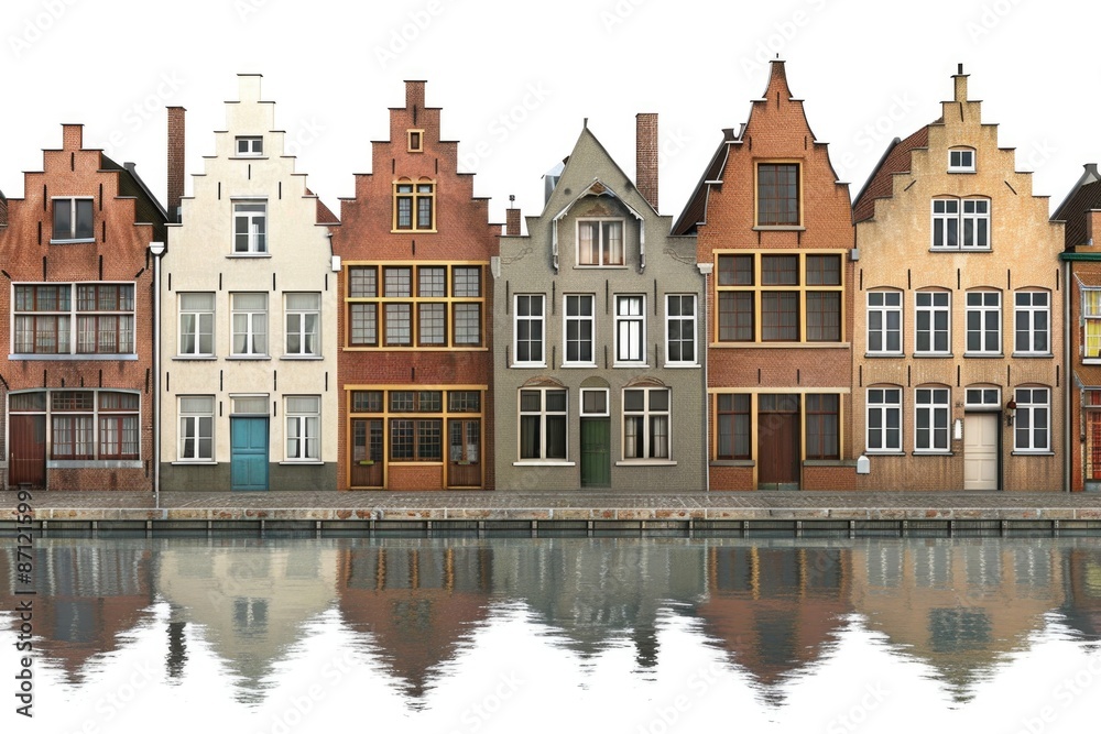 Cozy row houses located beside a serene lake with calm waters Cozy row houses located beside a serene lake with calm waters
