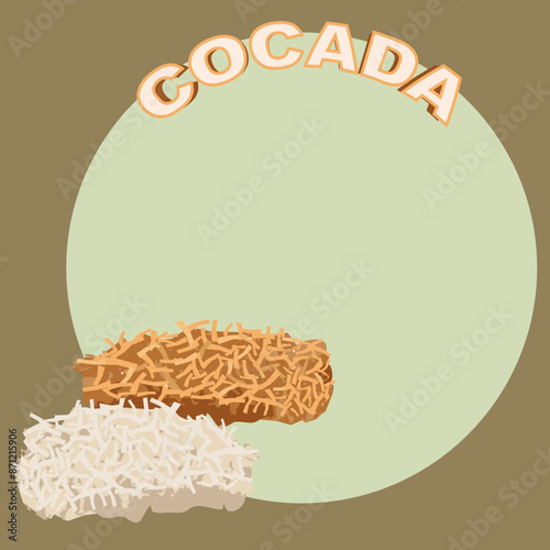 Cocada anúncio, doce de coco açucarado brasileiro, típica branca e preta, espaço para preço, cartaz