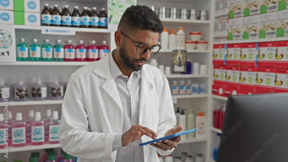 African pharmacist in white coat using tablet inside modern pharmacy African pharmacist in white coat using tablet inside modern pharmacy