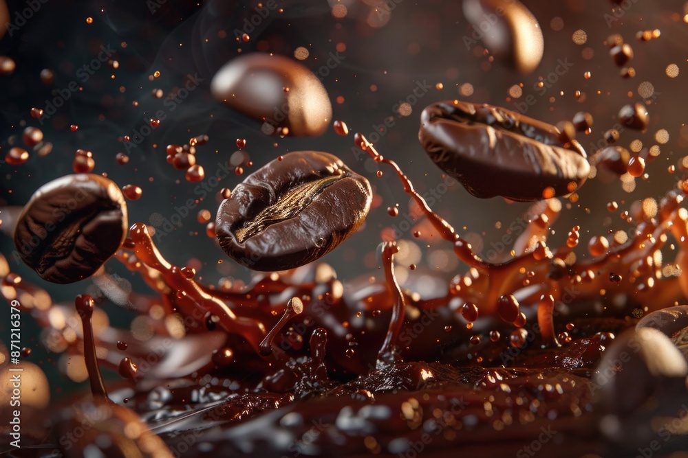 A picture of coffee beans falling into a puddle of water A picture of coffee beans falling into a puddle of water