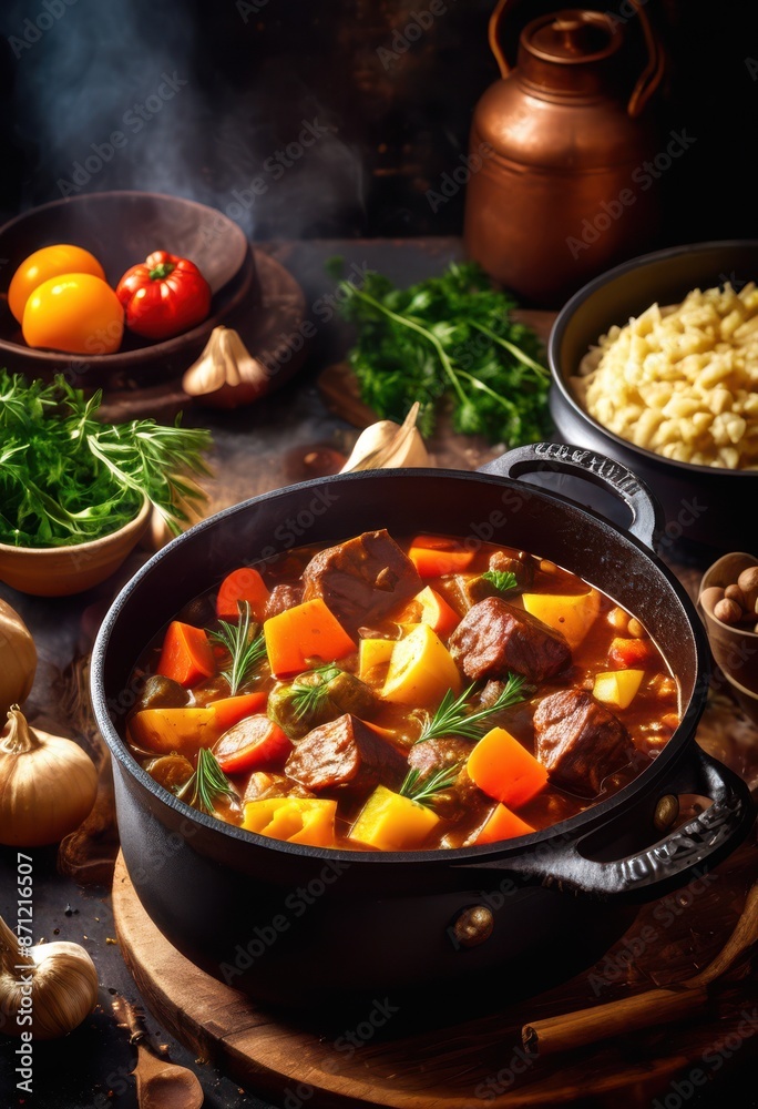 homemade hearty stew cooking rustic cast iron pot stovetop, simmering, nutritious, meal, comfort, food, kitchen, preparation, fresh, ingredients, hot, steam homemade hearty stew cooking rustic cast iron pot stovetop, simmering, nutritious, meal, comfort, food, kitchen, preparation, fresh, ingredients, hot, steam