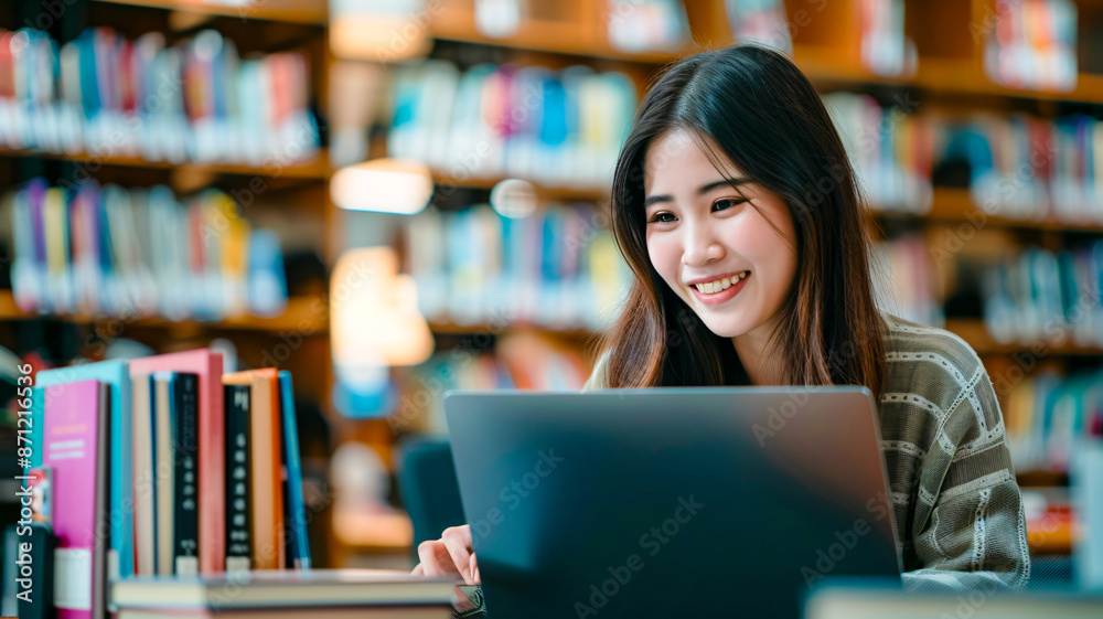Asian female student studying in library with laptop and book Asian female student studying in library with laptop and book