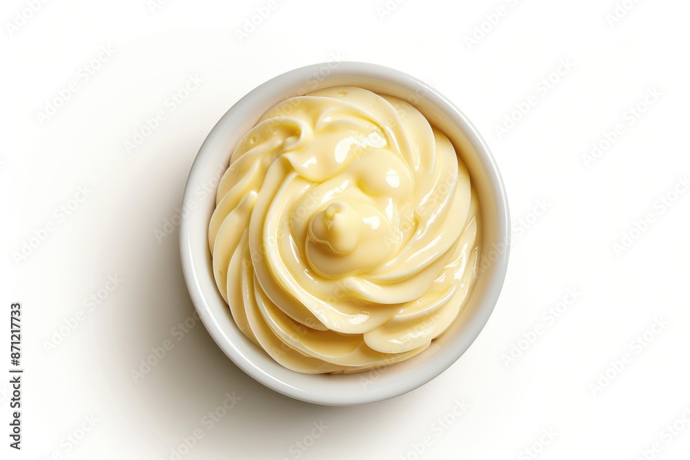 A bowl filled with mayonnaise on a plain white background, perfect for food or condiment photography A bowl filled with mayonnaise on a plain white background, perfect for food or condiment photography