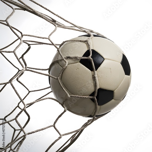 Soccer ball caught in goal net against white background, sports emphasis For Social Media Post Size