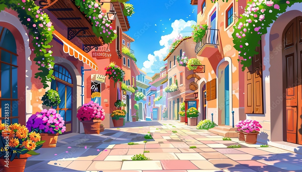 Obraz premium Street Scene With Flowers cartoon