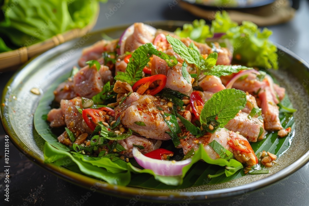 Spicy pork salad served with somtam traditional Isaan cuisine from northeastern Thailand Spicy pork salad served with somtam traditional Isaan cuisine from northeastern Thailand