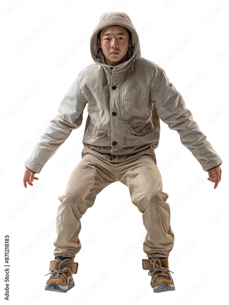 young man in a beige jacket and pants  He is standing upright with his arms  di-cut PNG transparent background generative ai