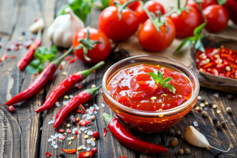 Spicy sweet chili sauce with chili pepper garlic and tomatoes on wooden background Spicy sweet chili sauce with chili pepper garlic and tomatoes on wooden background