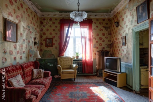 Interior of typical soviet style apartment. Old Soviet Russian living room poor interior photo