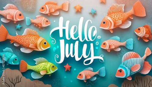 Hello July calligraphic text message on colorful tropical summer turquoise underwater sea background or wallpaper with multicolor marine or freshwater fish, starfish and bubbles.