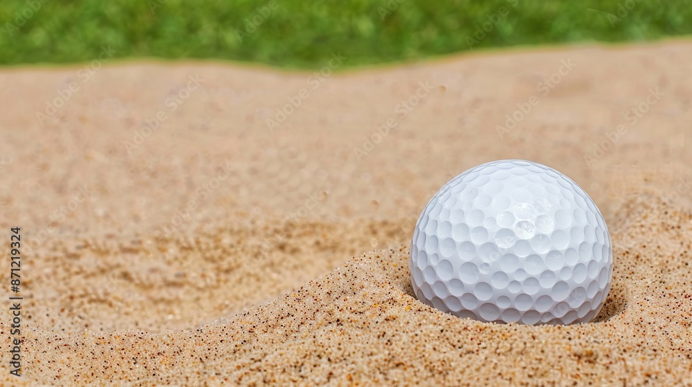 A golf ball in a sand bunker on a golf course made with Ai generative technology A golf ball in a sand bunker on a golf course made with Ai generative technology