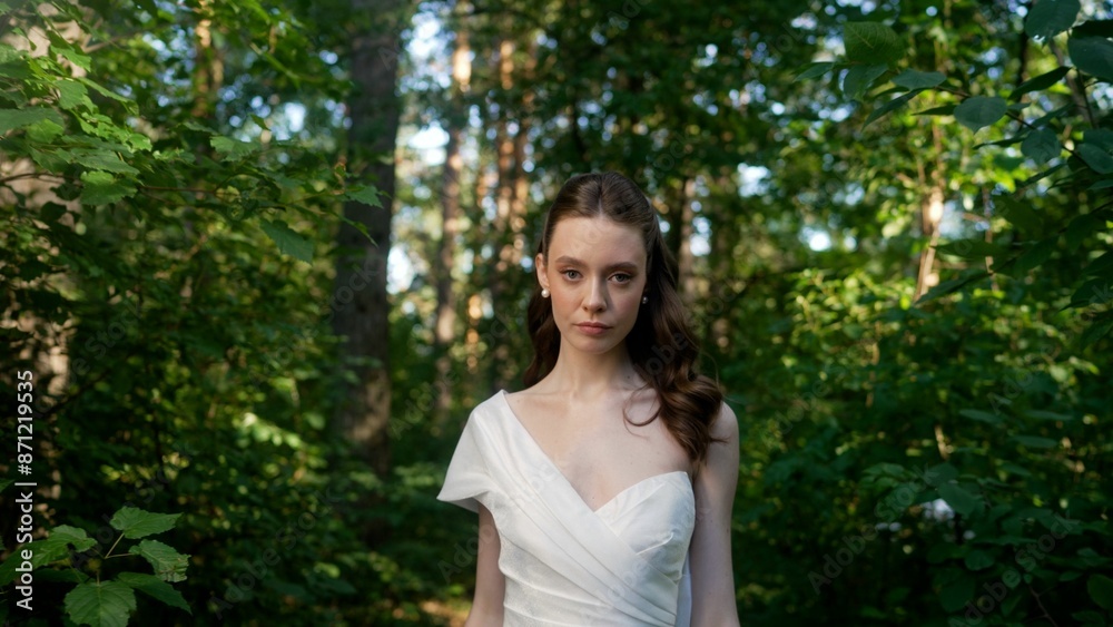 Beautiful young bride in the forest. A girl in a wedding dress walks through the forest. A stylish bride in a white dress walks through the forest and looks at the camera. Beautiful young bride in the forest. A girl in a wedding dress walks through the forest. A stylish bride in a white dress walks through the forest and looks at the camera.