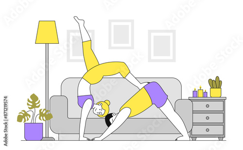 Home workout concept. Man and woman train at home. Active lifestyle and sports. Fitness and yoga. Gymnastics in apartment. Linear flat vector illustration