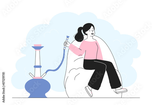 Woman with hookah. Young girl with bad habits and unhealthy lifestyle. Rest and relax indoors. Person relaxing in hookah bar. Linear vector illustration