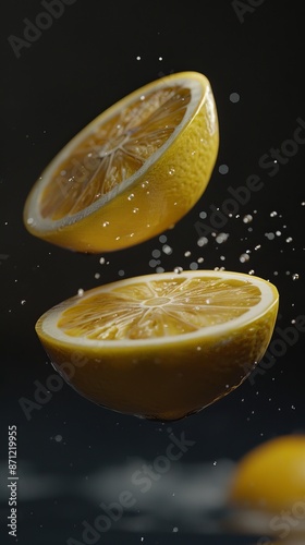 Floating lemon halves with water droplets in mid-air, close-up on black background. Fresh fruit and splash concept