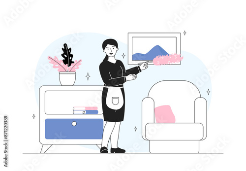 Housemaid in home. Cleaning service and occupation. Woman cleaner removes dust in apartment. Girl with household chores and routine. Linear vector illustration