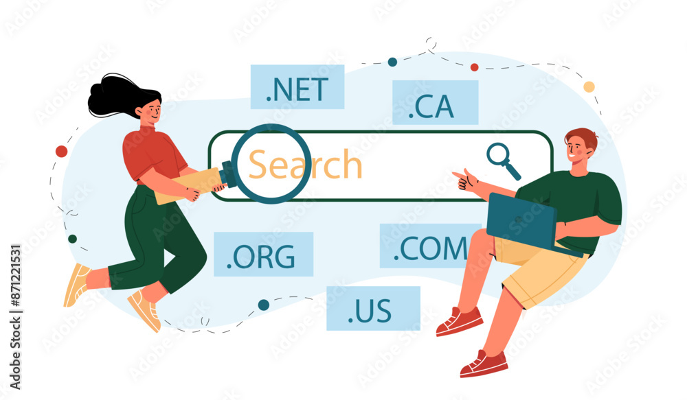 Information search concept. Man and woman with magnifying glass near website page. Users on internet. Search for knowledge online. Flat vector illustration Information search concept. Man and woman with magnifying glass near website page. Users on internet. Search for knowledge online. Flat vector illustration
