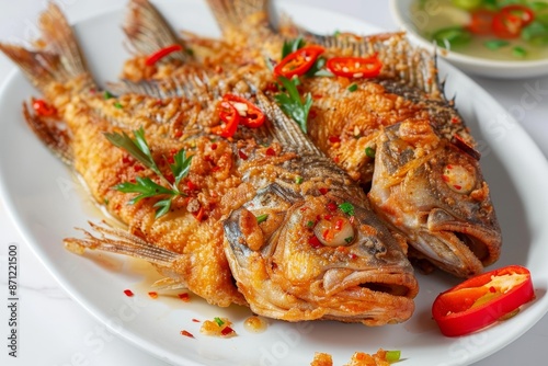 Three flavored fried fish with sweet and spicy sauce Pla Rad Prik on white plate