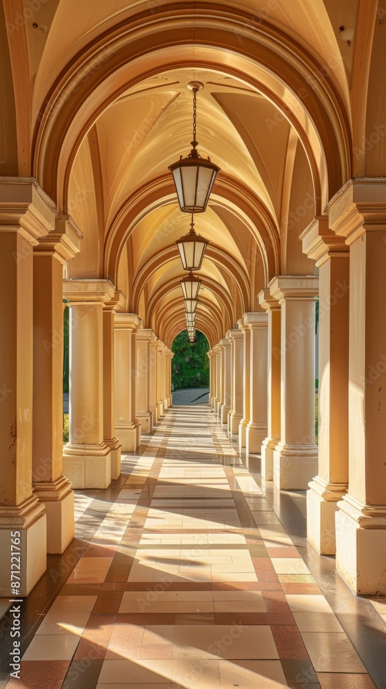 Architectural archway corridor with sunlight and shadows Architectural archway corridor with sunlight and shadows
