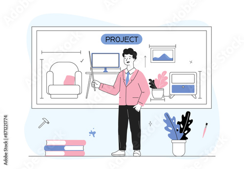 Man with interior design. Young guy with drawings. Selection of furniture and decorative elements for apartment and room. Creative person. Linear vector illustration