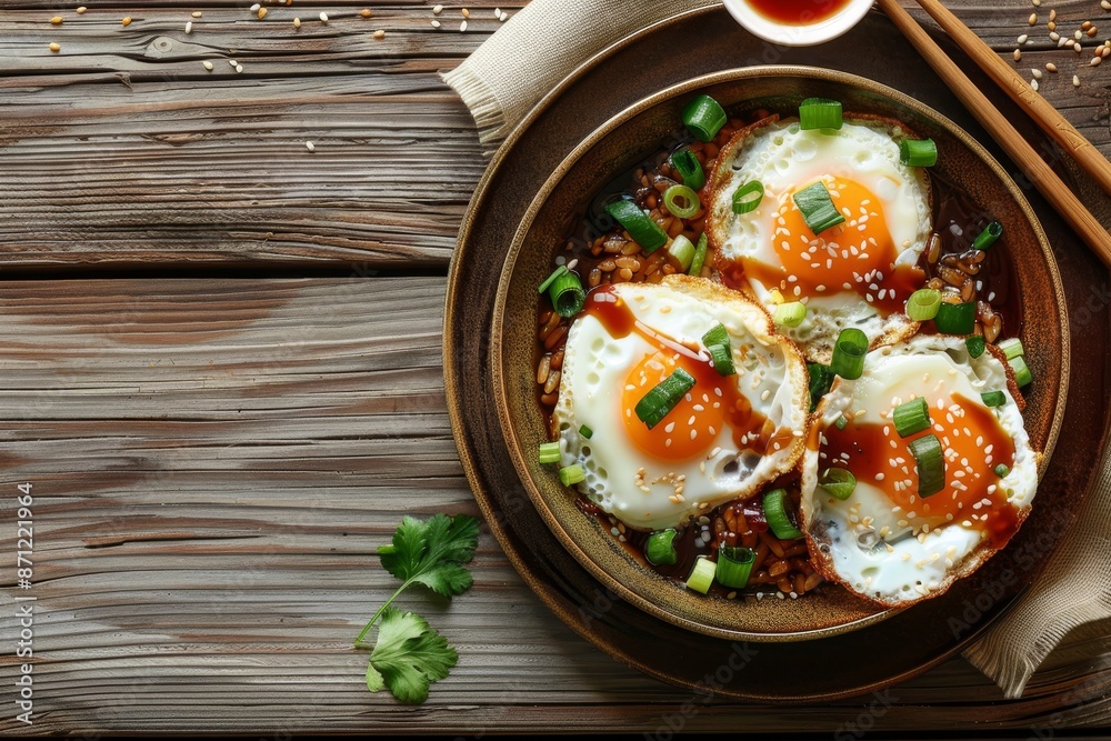 Top view closeup of fried eggs in sweet soy sauce on table Top view closeup of fried eggs in sweet soy sauce on table