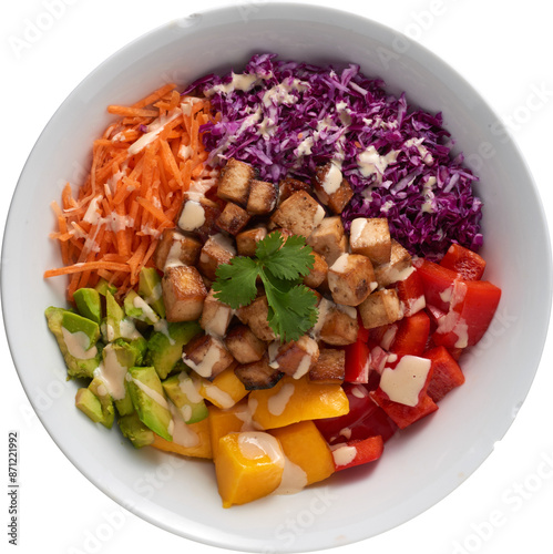 Vegan Plant based tofu healthy poke bowl greens fres, meal food salad vegetables healthy plate lunch gourmet - Ready to use Premium PNG Cutout Isolated image, top view