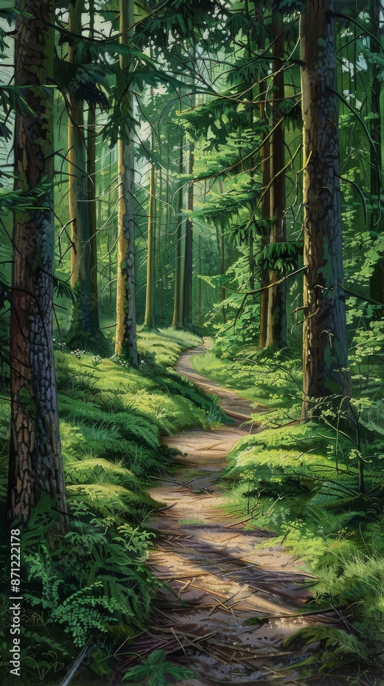 Fototapeta premium Forest trail through lush green woods, nature scene