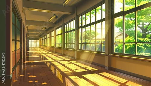 Sunbeams Through Large Windows In Empty School Hallway, cartoon