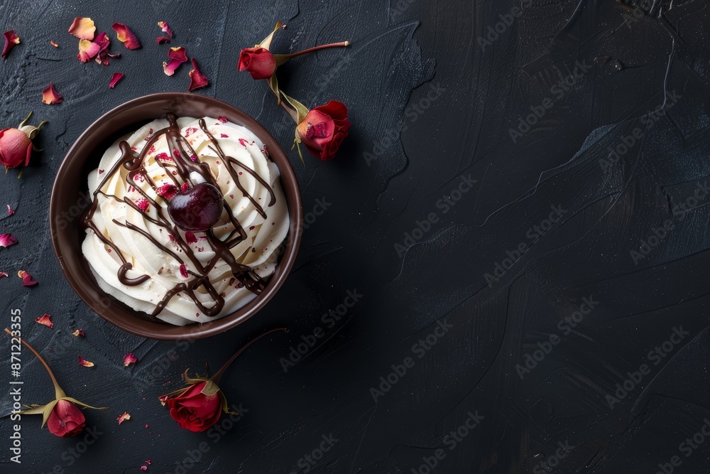 Valentine s Day sundae with cherry on top chocolate drizzle dried rose flowers on dark background Top view with copy space Valentine s Day sundae with cherry on top chocolate drizzle dried rose flowers on dark background Top view with copy space