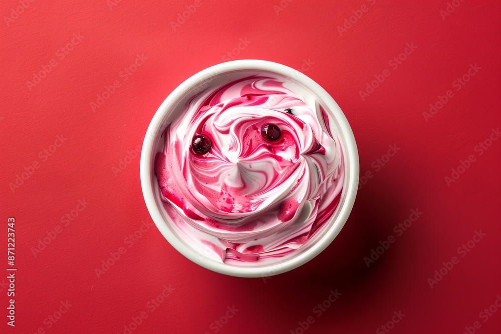 Top view of yogurt with berry jam swirl on red backdrop Top view of yogurt with berry jam swirl on red backdrop