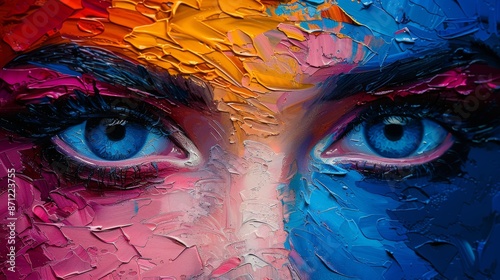 A multicolored portrait of a beautiful girl using oil paint in abstract tones. A close-up of an oil painting on canvas using a palette knife.