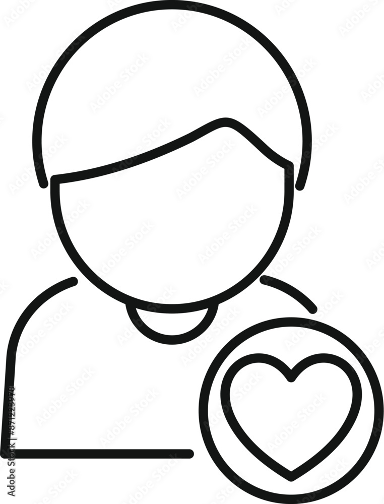 Line drawing of a young man with a heart icon, perfect for representing online dating or social media Line drawing of a young man with a heart icon, perfect for representing online dating or social media