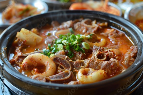 Traditional Korean dishes like gomtang beef tail soup and boiled pork with side dishes and salted squid