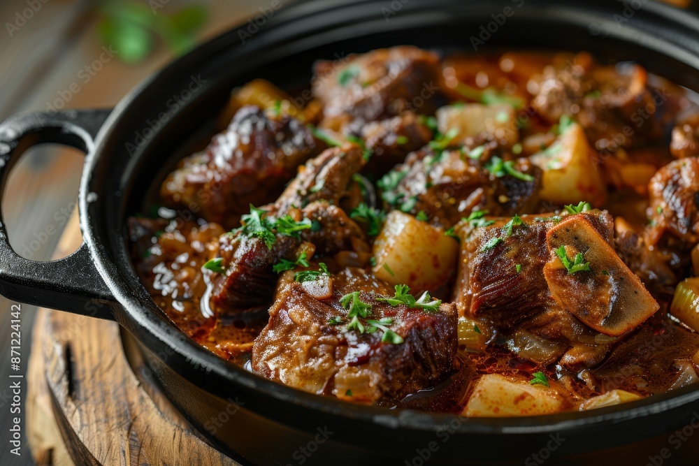 Traditional Spanish oxtail stew in a pot on a wooden table Traditional Spanish oxtail stew in a pot on a wooden table