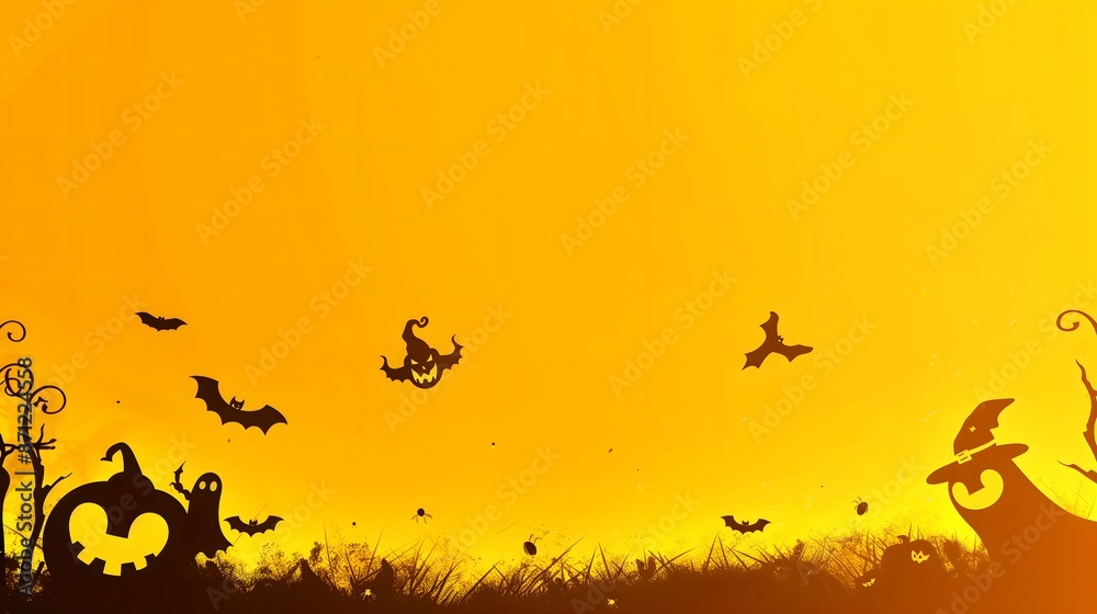 Halloween Silhouettes of Pumpkins, Bats, and Ghosts on Yellow Background
Halloween Silhouettes of Pumpkins, Bats, and Ghosts on Yellow Background