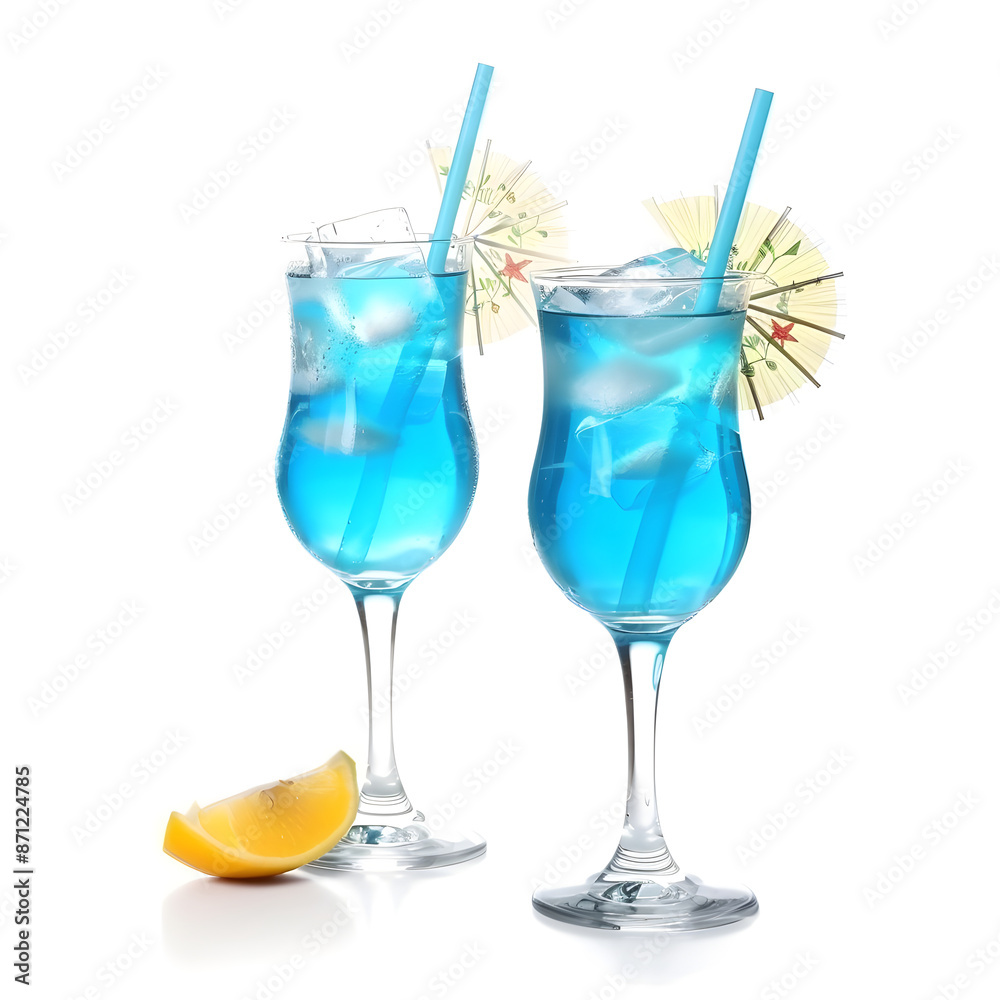 Two glasses of blue lagoon cocktail decorated with cocktail umbrellas are standing on white background with lemon slice Two glasses of blue lagoon cocktail decorated with cocktail umbrellas are standing on white background with lemon slice