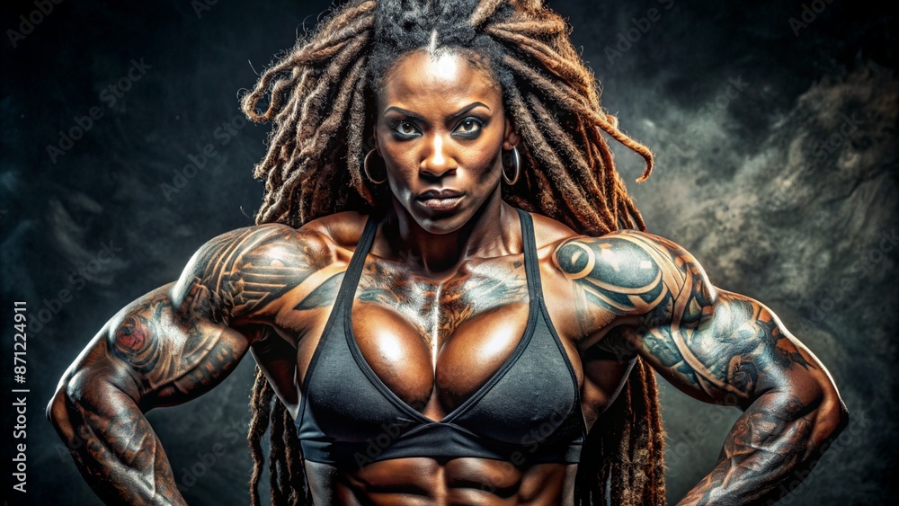 Ebony woman bodybuilder with black background Ebony woman bodybuilder with black background